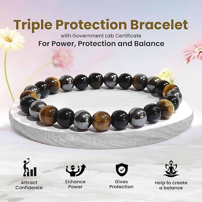 Navohm Triple Protection Bracelet – Natural Certified Stones for Power, Protection & Luck